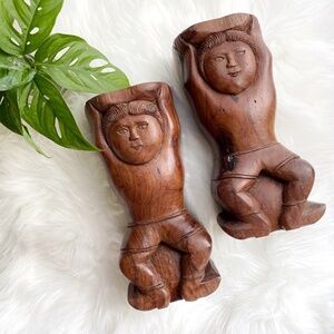 Vintage Hand Carved Wooden Men Planters Candle Holders Vases African Set of 2